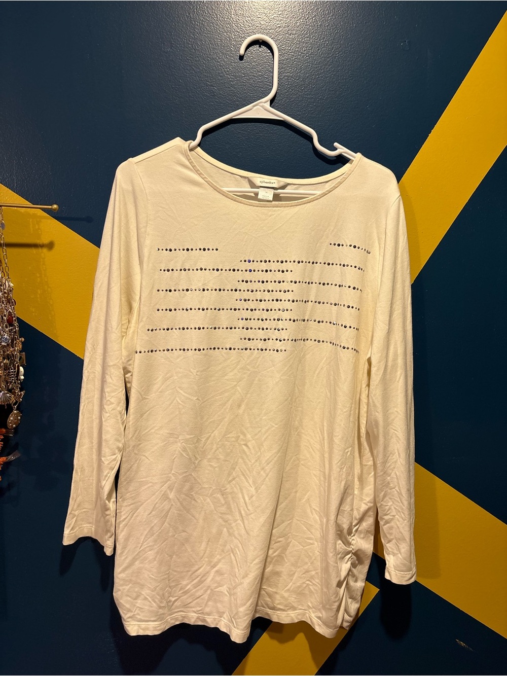 CJ Banks Cream Crewneck Long Sleeve Embellished Tee NWOT